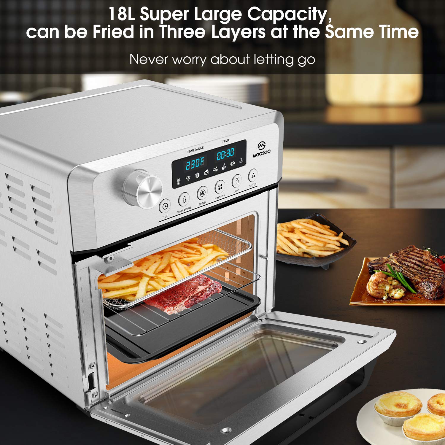 MOOSOO MA80 19 Quart Air Fryer Oven, 8-in-1 Combo Roaster with LED Display 1500W High Power, for Large Family 