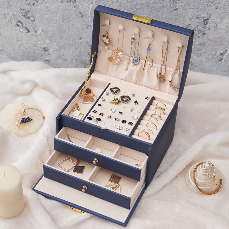 Elegant PU Leather 3 Tier Jewelry Organizer Box Luxury Necklace Storage with Strong Frame 