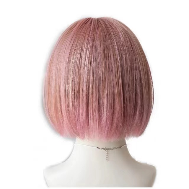 YIYAOBESS 14in Short Bob Wig, with Bangs Heat Resistant Easy to Put On Natural Color, Pink/Black/Brown