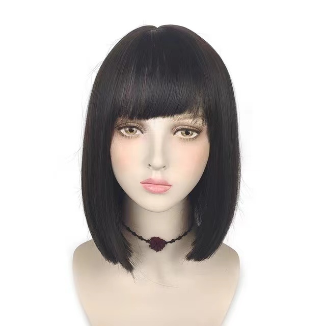 YIYAOBESS 14in Short Bob Wig, with Bangs Heat Resistant Easy to Put On Natural Color, Pink/Black/Brown
