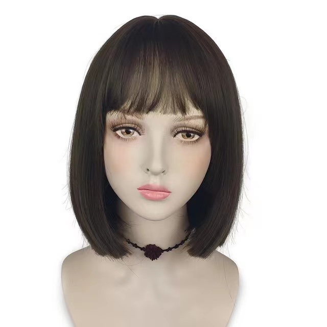 YIYAOBESS 14in Short Bob Wig, with Bangs Heat Resistant Easy to Put On Natural Color, Pink/Black/Brown