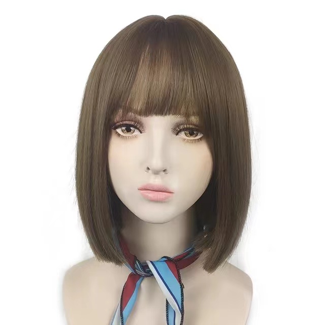YIYAOBESS 14in Short Bob Wig, with Bangs Heat Resistant Easy to Put On Natural Color, Pink/Black/Brown