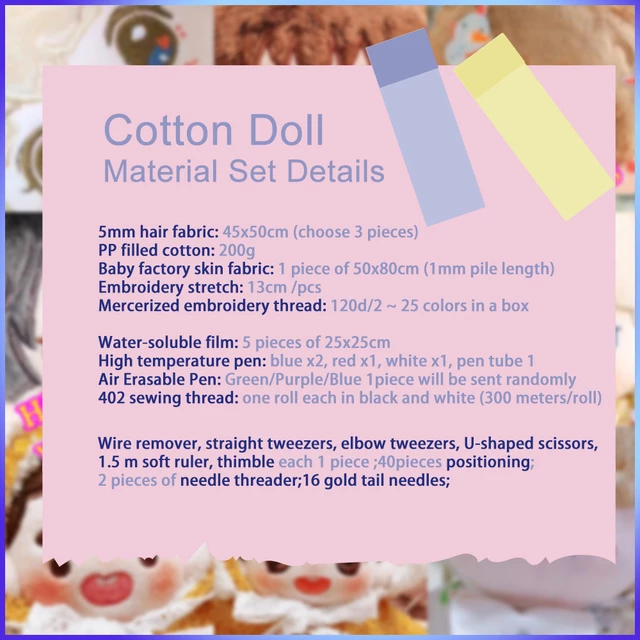 Cotton Doll Material Set, with Instructional Videos Handmade 3 Pieces of Hair Fabric Polyester Threads, for Drawing