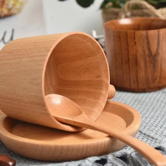 Unisex Wooden Coffee Cups, Handmade Small Eco-Friendly with Handle and Spoon 3.03*2.76in, for Home