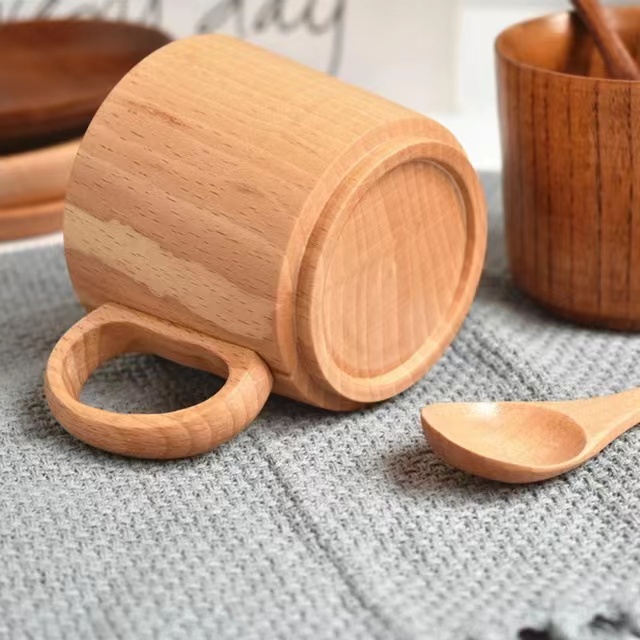 Unisex Wooden Coffee Cups, Handmade Small Eco-Friendly with Handle and Spoon 3.03*2.76in, for Home