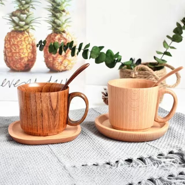 Unisex Wooden Coffee Cups, Handmade Small Eco-Friendly with Handle and Spoon 3.03*2.76in, for Home