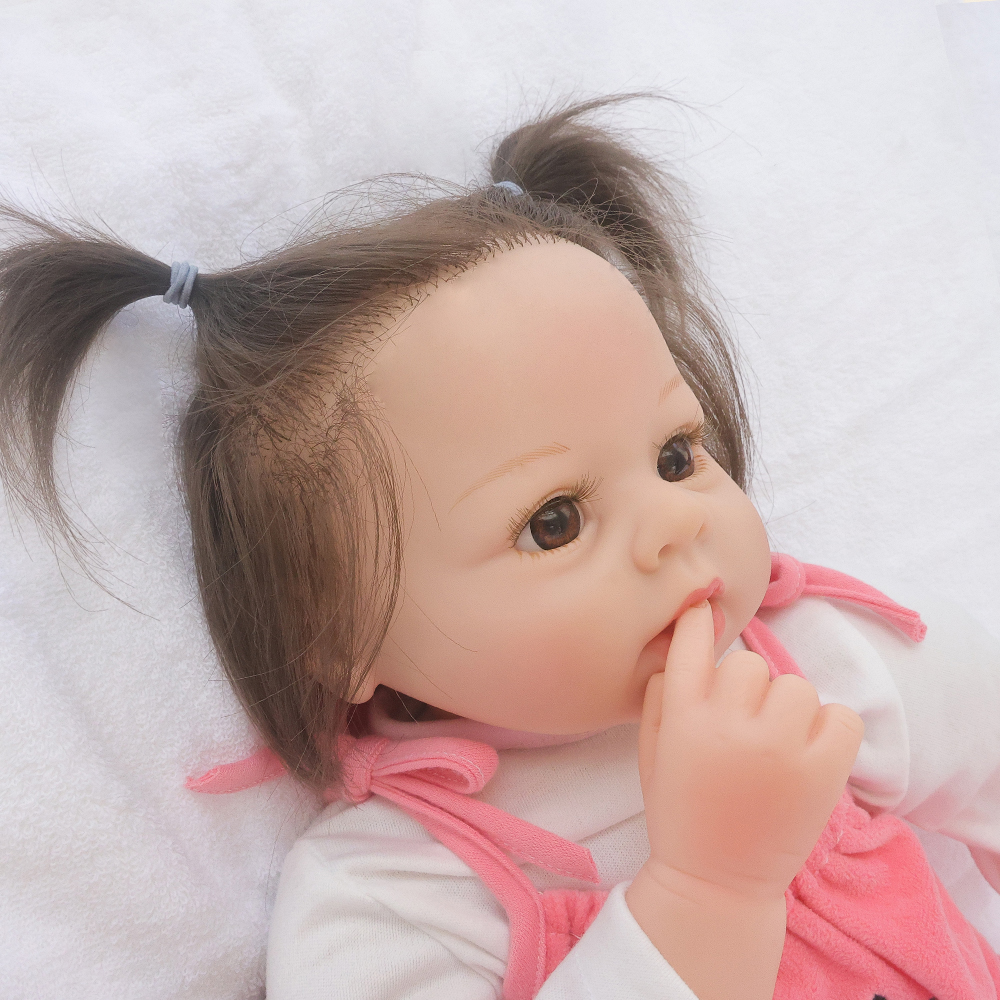 Silicone Doll with Pink Bib, 24-inch Realistic Handmade Detailed Face Realistic Feeling, Children's Toy