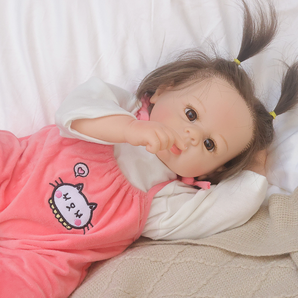 Silicone Doll with Pink Bib, 24-inch Realistic Handmade Detailed Face Realistic Feeling, Children's Toy