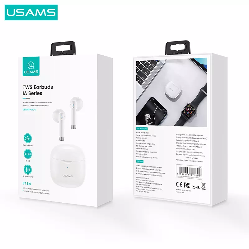USAMS 2022 Mini Earbuds, Wireless BT5.0 TWS 3g Weight Comfortable Smaller Size High Resolution, for Phones