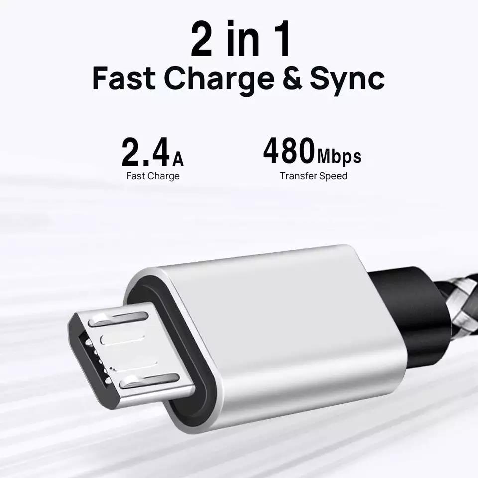 High Speed Charging Cable, Nylon-braided 2-in-1 Fast Charging Safe Connection USB Port, for All Android Devices