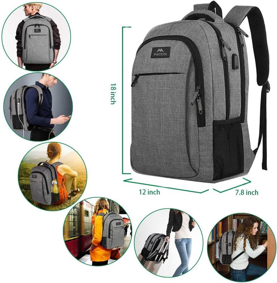 Laptop Backpack, with USB Charging Port  Waterproof Polyester Fabric Breathable, for Outdoor
