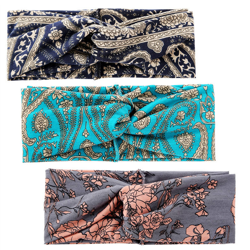 Floral Flower Bohemian Hair Band, Bohemian Style Printed Fabric Wide Edge Cross Twisted Fashionable Versatile,for Girls
