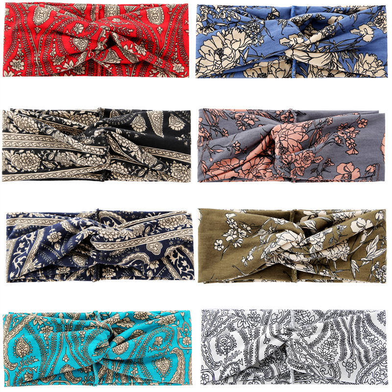 Floral Flower Bohemian Hair Band, Bohemian Style Printed Fabric Wide Edge Cross Twisted Fashionable Versatile,for Girls