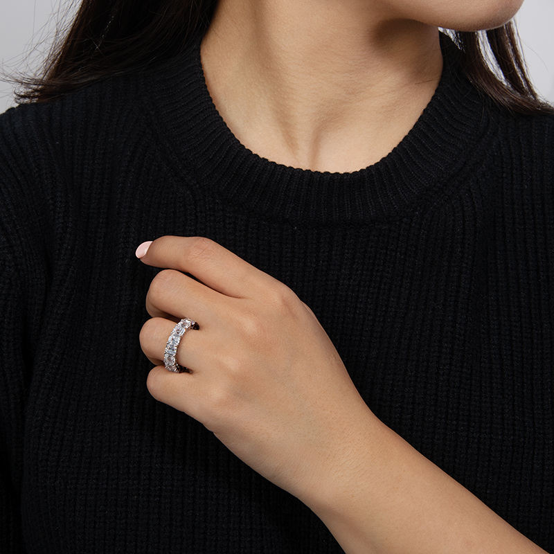 925 Sterling Silver Cut Ring, 4x5mm Cubic Zirconia Hand-crafted Rhodium Plated Elegant Design, for Wedding