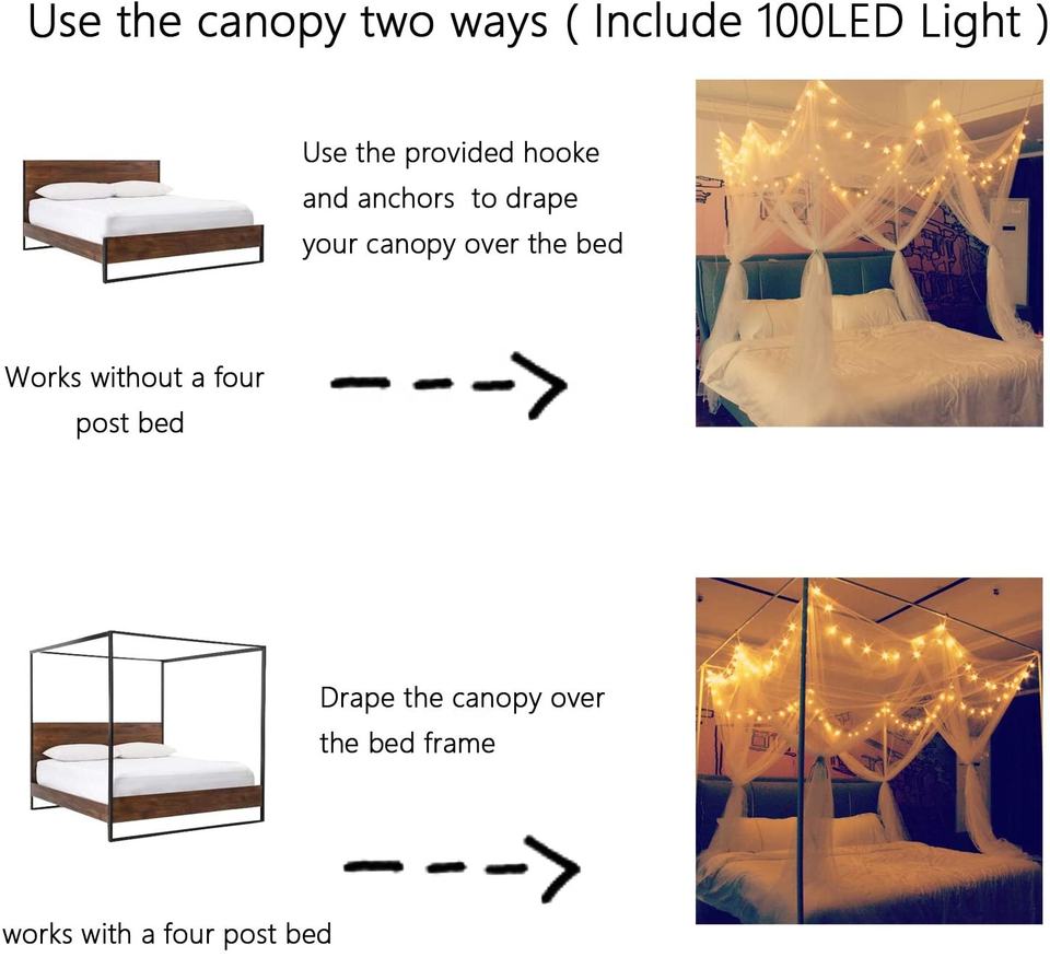 Bed Canopy, 8 Corners with 100 LED Star String Lights Cellular Mesh Polyester Material with 8 Hooks and Anchors, White