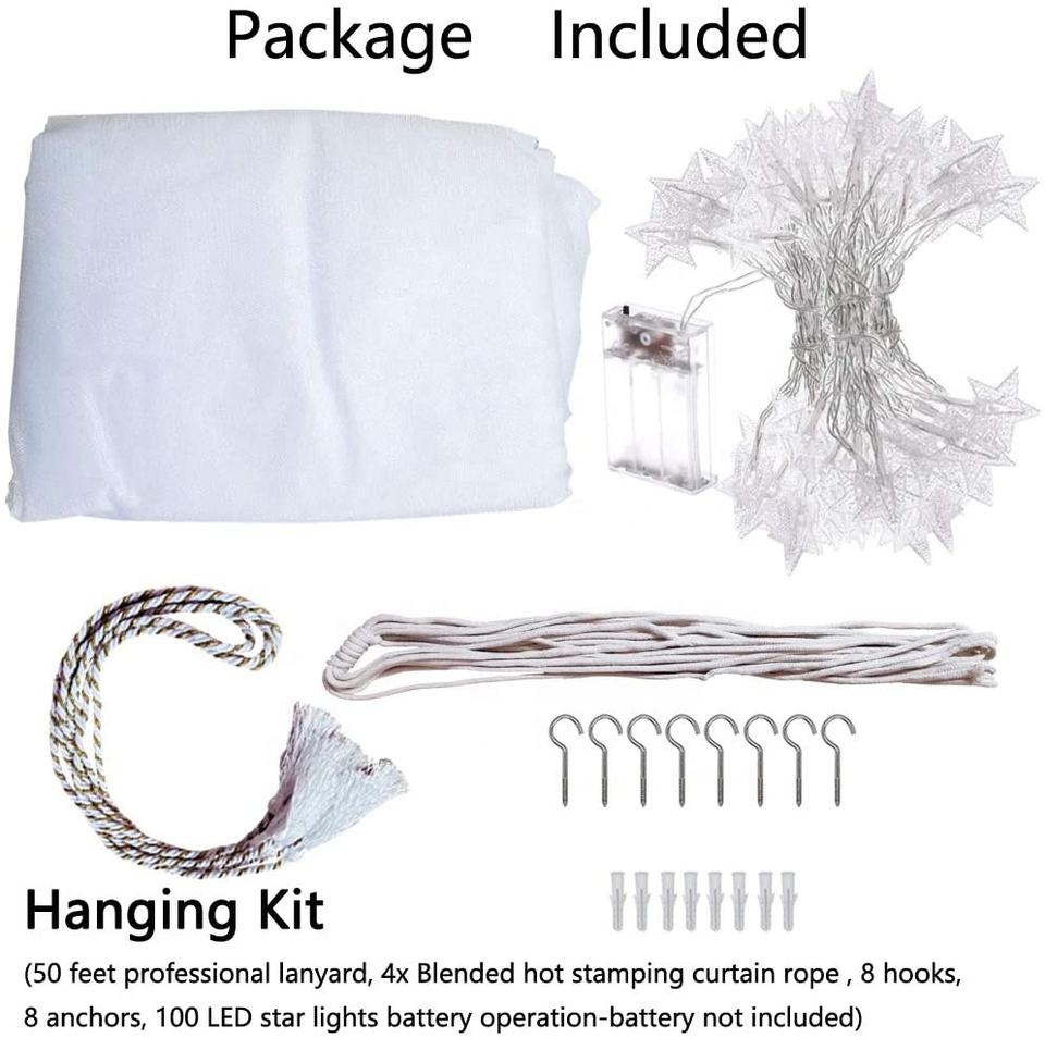 Bed Canopy, 8 Corners with 100 LED Star String Lights Cellular Mesh Polyester Material with 8 Hooks and Anchors, White