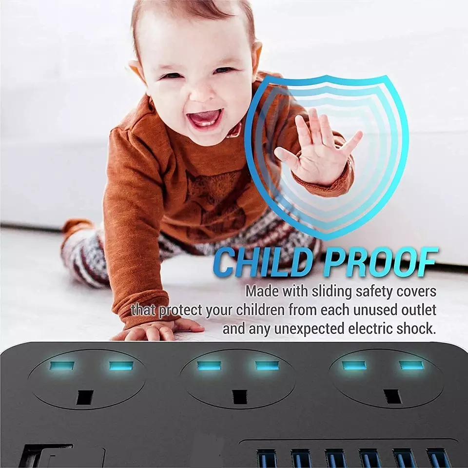 Power Strip, with USB Port 3-Way Socket 6 USB Port with 2M Bold Extension Surge Protector Perfect Safety, for Home