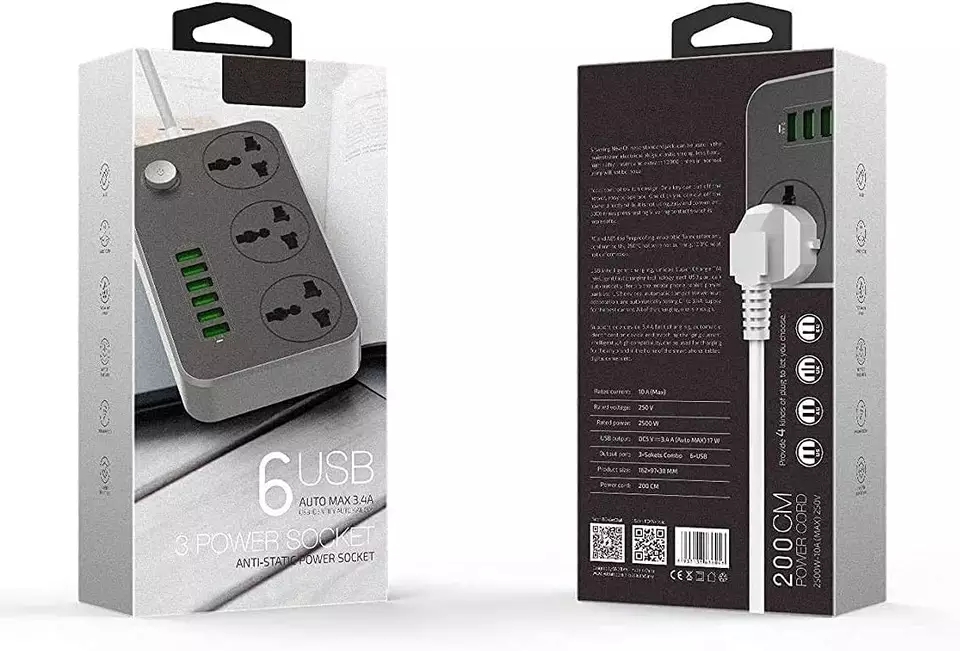 Power Strip, with USB Port 3-Way Socket 6 USB Port with 2M Bold Extension Surge Protector Perfect Safety, for Home
