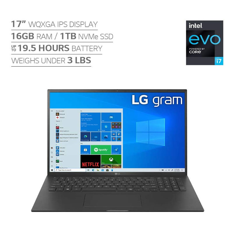 LG Gram 17Z90P Laptop, 17" IPS Ultra-Lightweight Intel Evo 11th Gen Core i7 16GB RAM 1TB SSD, For Gaming