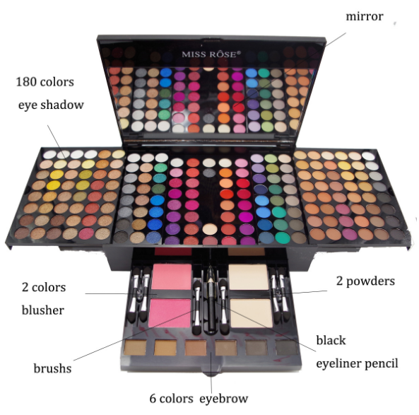 Miss Rose Cosmetics Eyeshadow Palette, 180 Colors Glitter Powder Metallic Shimmery Long Lasting, for Girls