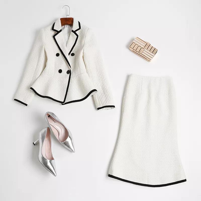 Tweed Blazer Set White Woollen women Elegant Suits With Skirt 