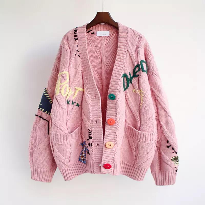 Embroidery Cardigan Knitted Sweater Jacket Knit Cardigan Coat 