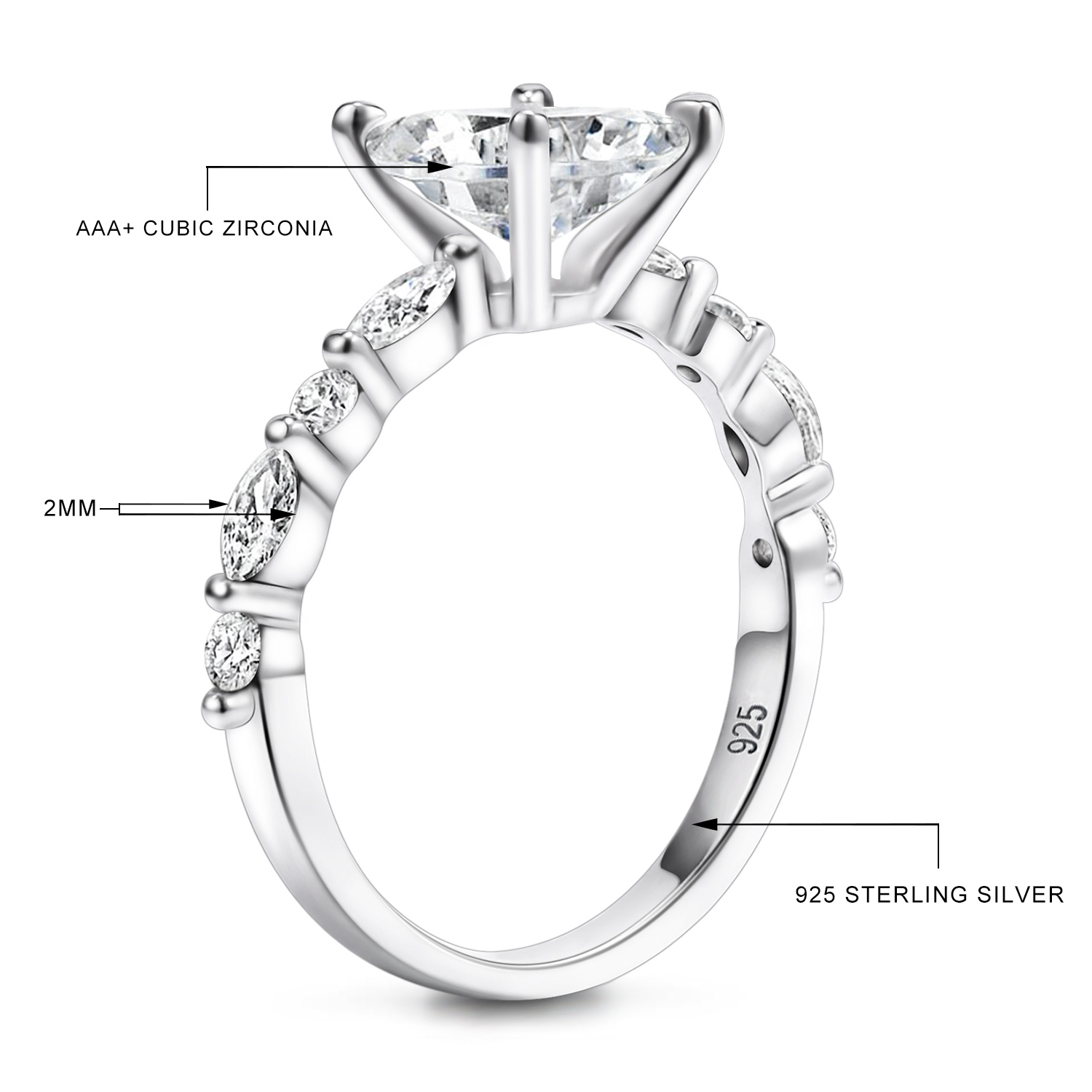 925 Sterling Silver Ring CZ Engagement ring Olive pointed shape and round square crystal zircon wedding ring ladies