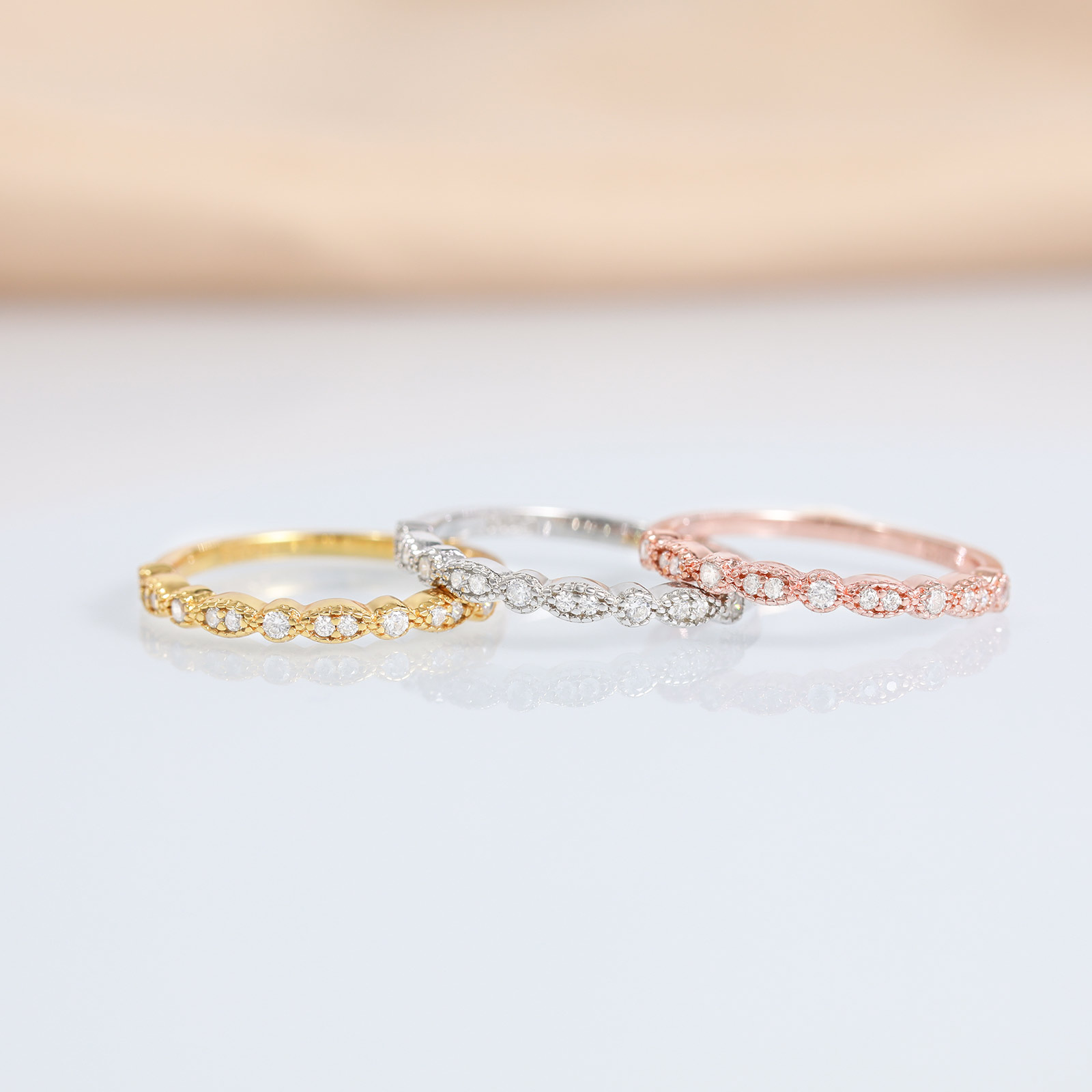 Olive Tip Round square zircon Semi-eternal Ring Stacked Unlimited wedding Ring Sterling Silver 925