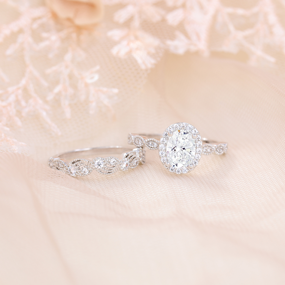 925 Sterling Silver Square Crystal Zircon Bridal Ring Set Oval cut