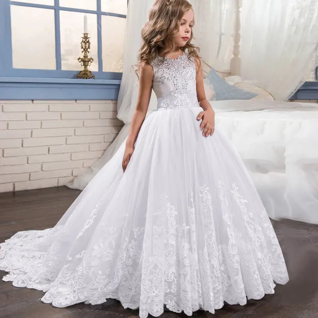 Children Long Lace Beaded Flower Girls Dress Pageant Birthday Communion Dresses for Kids Wedding Gown