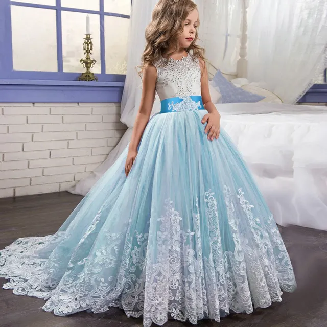 Children Long Lace Beaded Flower Girls Dress Pageant Birthday Communion Dresses for Kids Wedding Gown