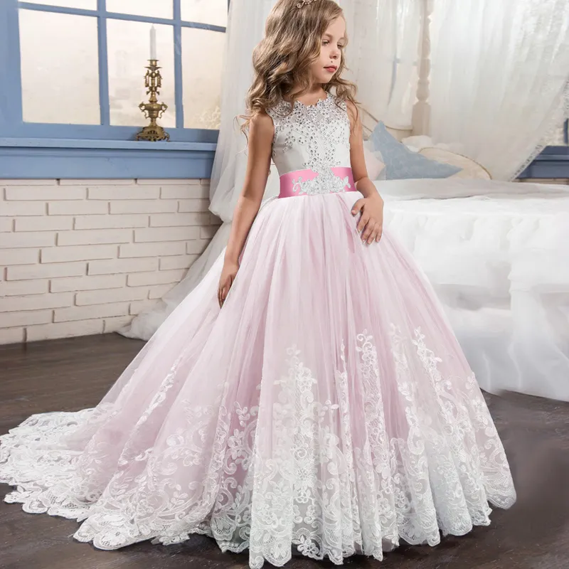 Children Long Lace Beaded Flower Girls Dress Pageant Birthday Communion Dresses for Kids Wedding Gown