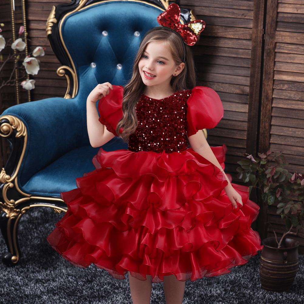 New girls' dress Princess Dress Puffed sleeve sequin tulle dress performance birthday dress