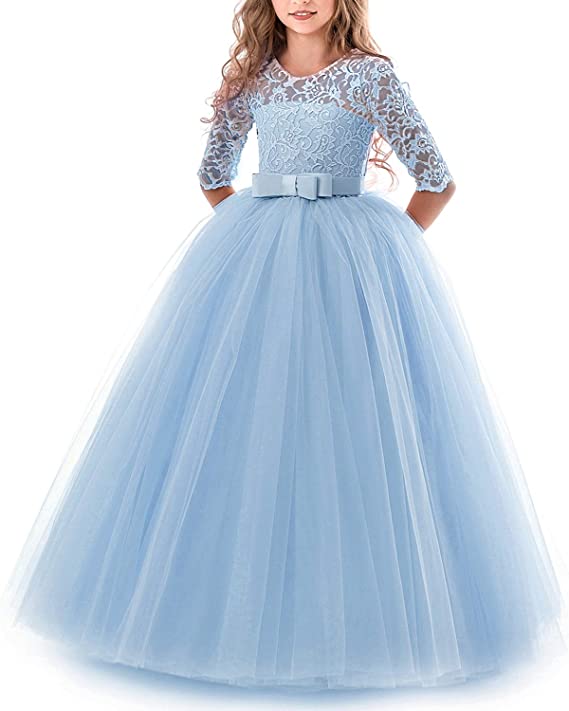 Girls Princess Pageant Dress Kids Prom Ball Gowns Wedding Party Flower Dresses Long sleeve lace princess dress