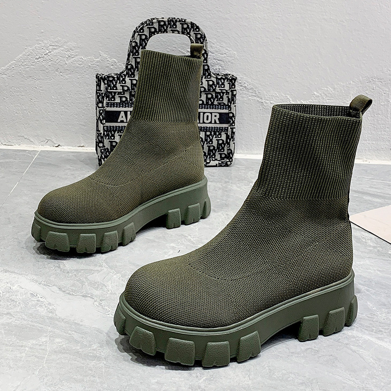 Autumn Fashion Socks Shoes Woman Stretch Fabric Mid-Calf Casual Platform Boots Net Red Knitted Women Booties
