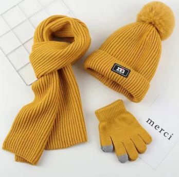 Three-piece Scarf Hat Set Baby Girls Children Beanies Knitted  Hats Kids Winter Warm Wool Crochet Caps hat scarf gloves 