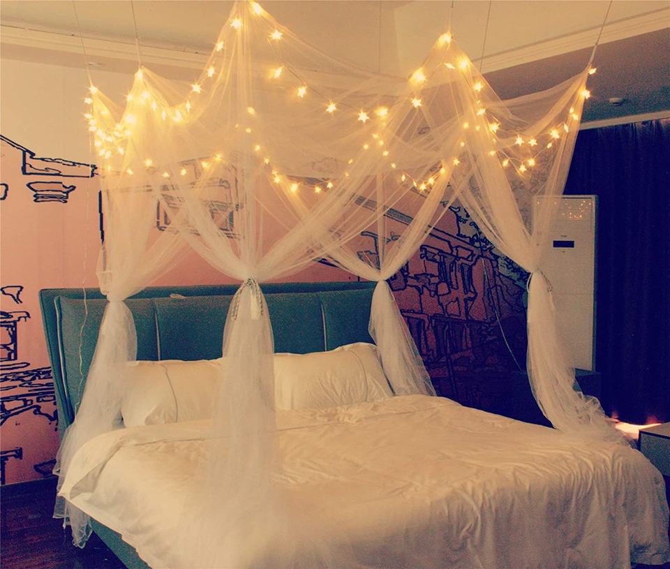 Bed Canopy, 8 Corners with 100 LED Star String Lights Cellular Mesh Polyester Material with 8 Hooks and Anchors, White