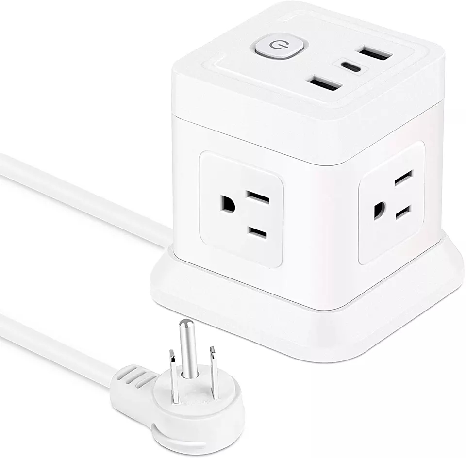 Cube Power Socket,  4 Wide Spaced Outlets with 3 USB Charging Ports Type C 20W Fast Charger, s