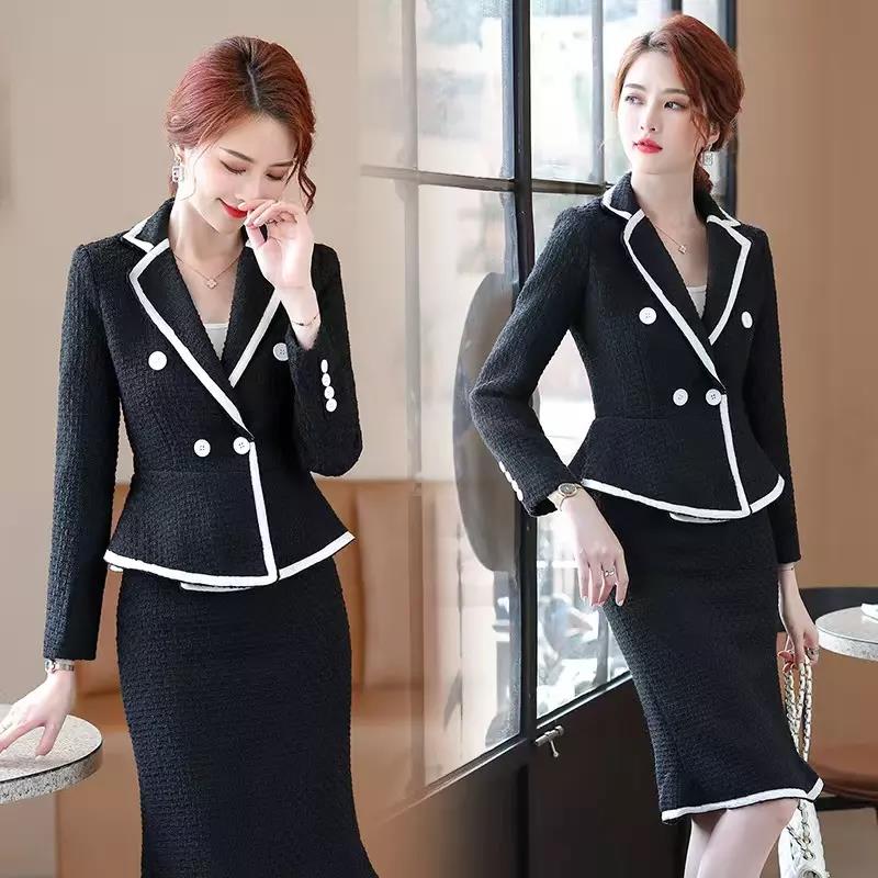Tweed Blazer Set White Woollen women Elegant Suits With Skirt 