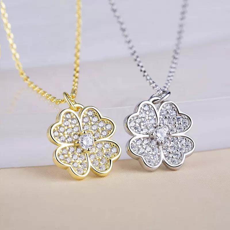 Fashion 14K Gold Plated 925 Sterling Silver Jewelry Flower Heart Pendant Chain Necklace