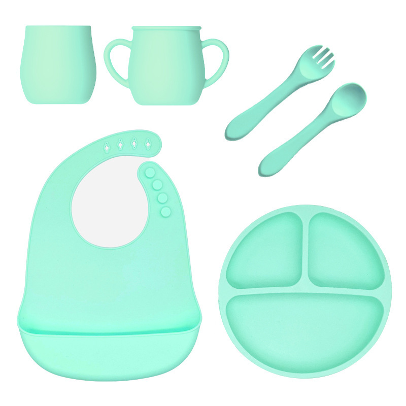 Baby Feeding Set Soft Spoon Collapsible Bib Food Grade Safe Non-slip Silicone Baby Feeding Tableware Set For Children
