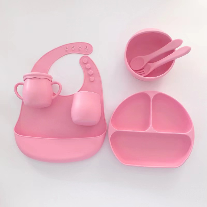 Baby Feeding Set Soft Spoon Collapsible Bib Food Grade Safe Non-slip Silicone Baby Feeding Tableware Set For Children