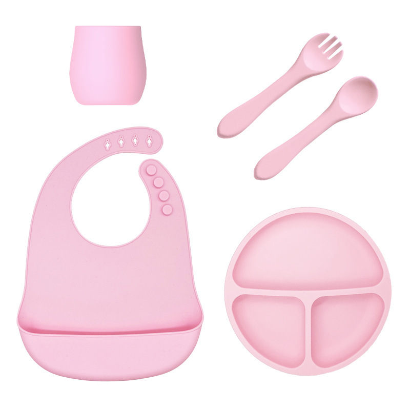 Baby Feeding Set Soft Spoon Collapsible Bib Food Grade Safe Non-slip Silicone Baby Feeding Tableware Set For Children