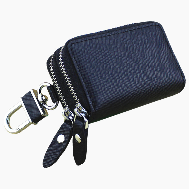 Cowhide car key case Double zipper cross leather remote control key case