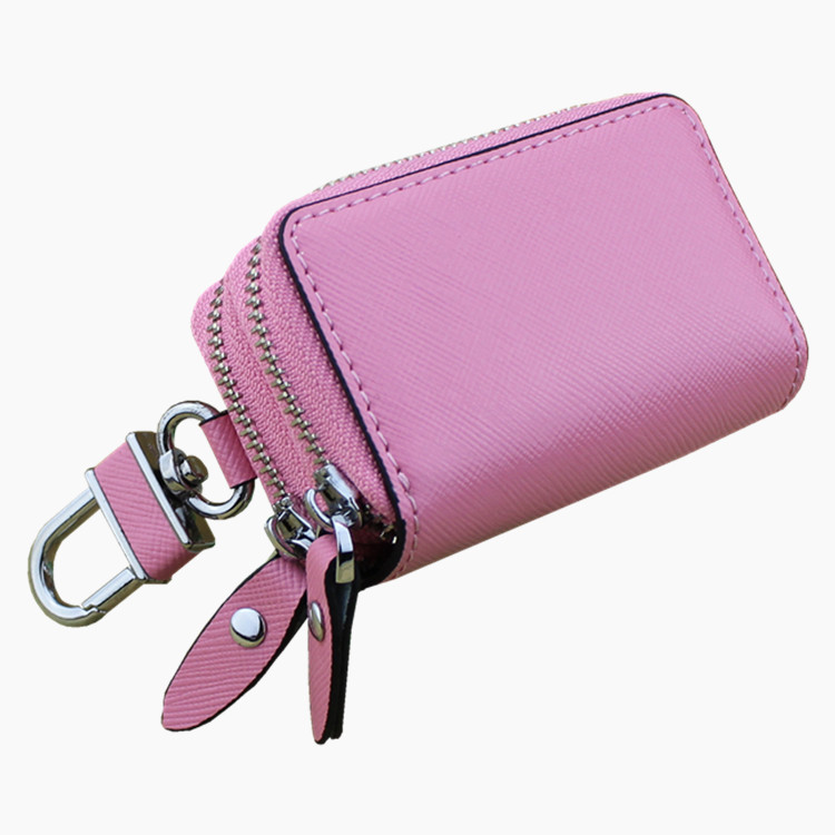 Cowhide car key case Double zipper cross leather remote control key case