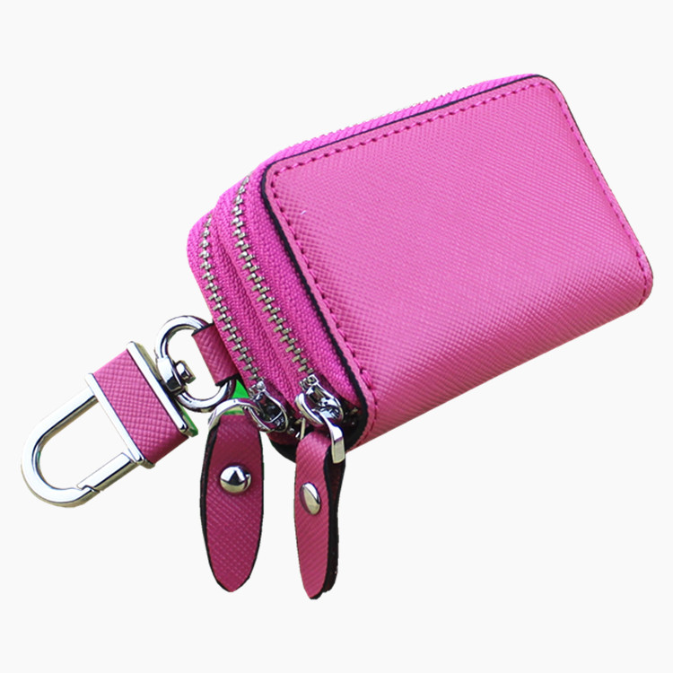 Cowhide car key case Double zipper cross leather remote control key case