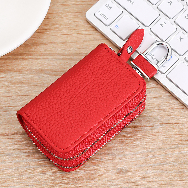 Double zipper leather car key case cowhide key case cowhide neck print change car key case