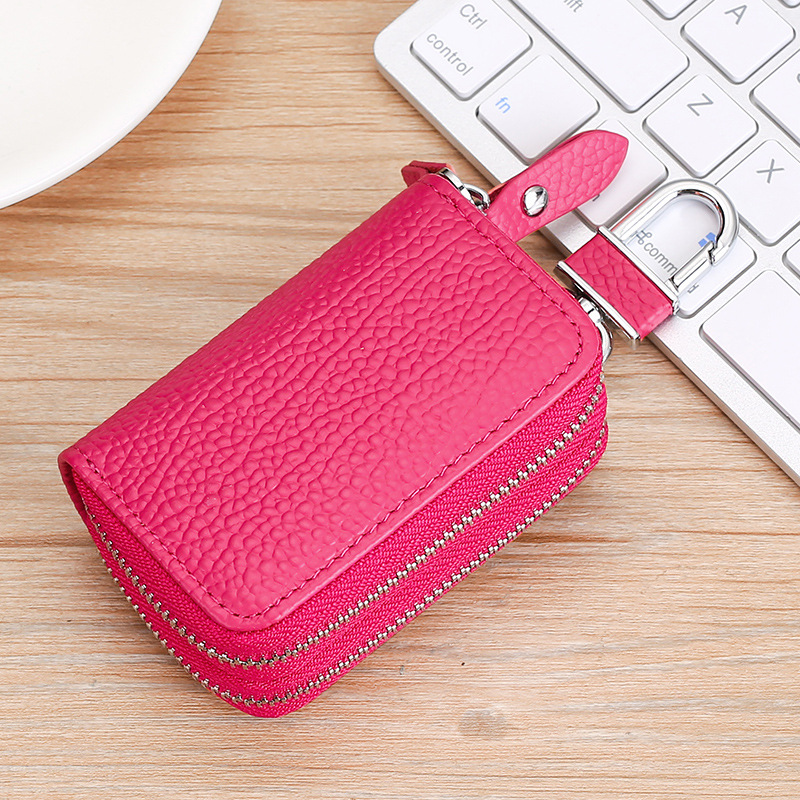 Double zipper leather car key case cowhide key case cowhide neck print change car key case