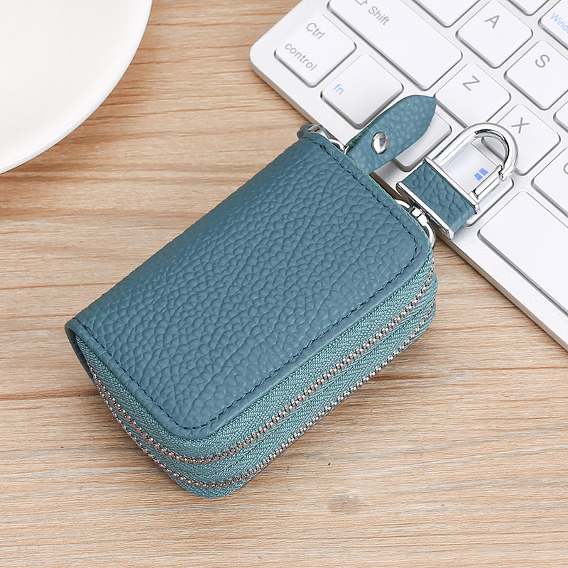 Double zipper leather car key case cowhide key case cowhide neck print change car key case