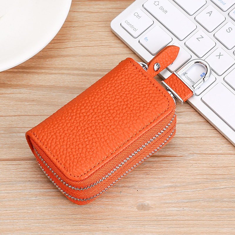 Double zipper leather car key case cowhide key case cowhide neck print change car key case